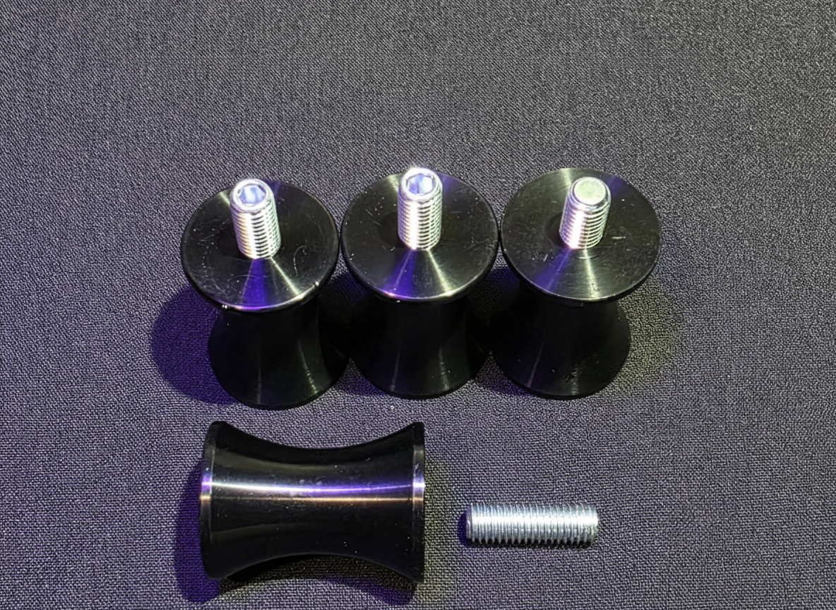 Engine spacer kit with three anodized black spacers and 8mm internal-thread bolts for HE Paramotors engines