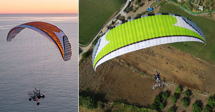 Two pilots flying HE Paramotors in formation