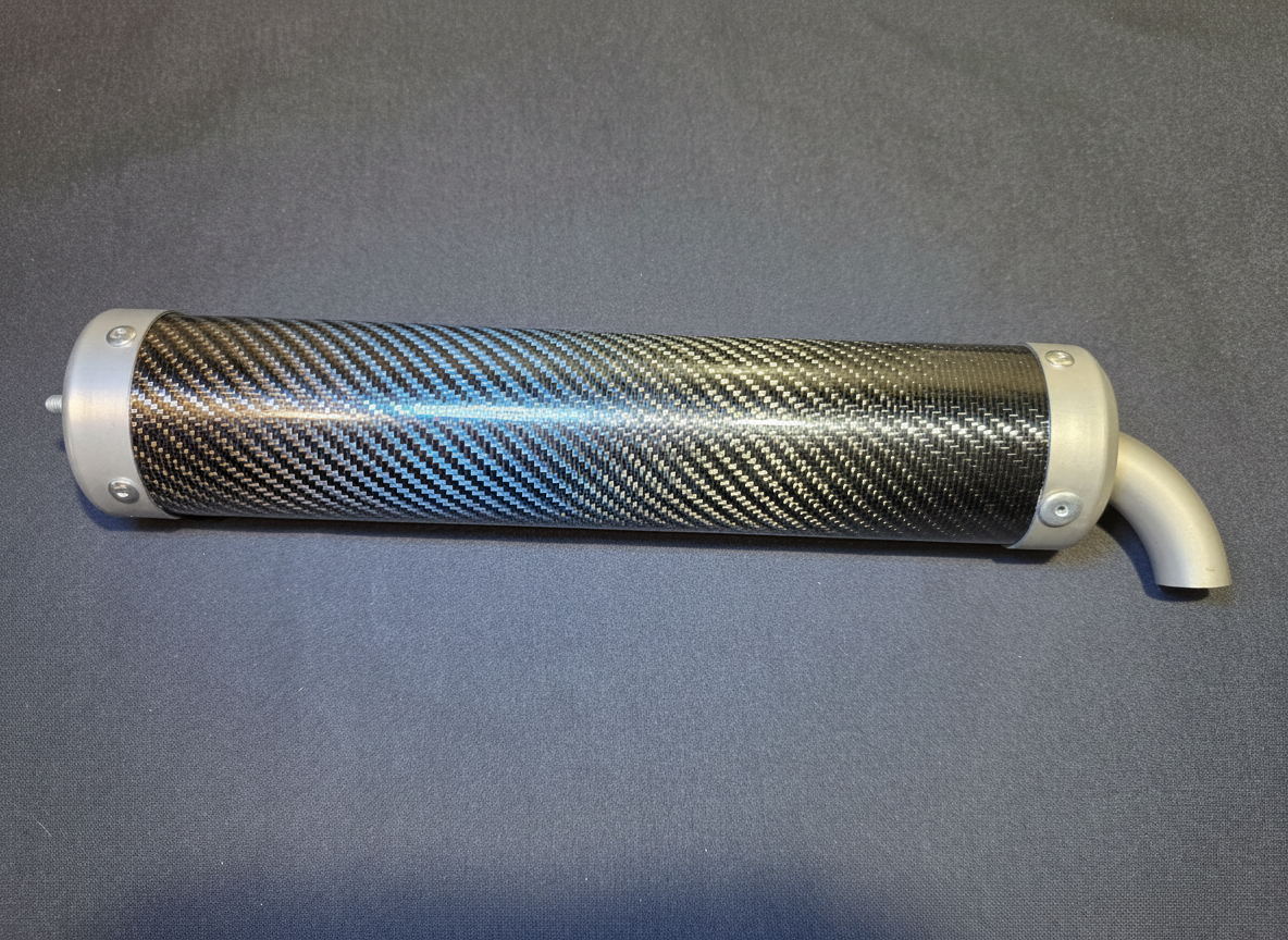 Carbon fiber exhaust silencer with aluminum end caps and curved outlet for HE Paramotors MV and RS engines