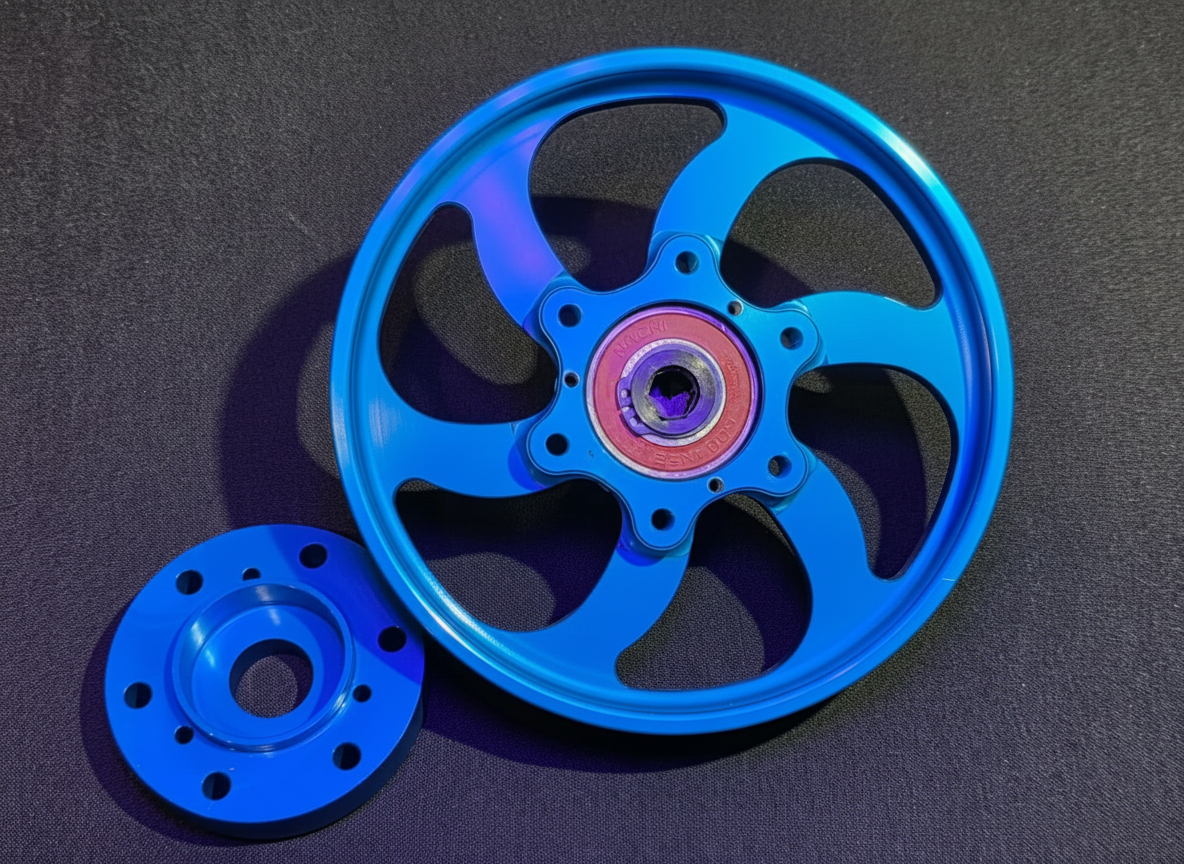 Complete MVL big pulley kit with eccentric axle and hub in anodized blue finish