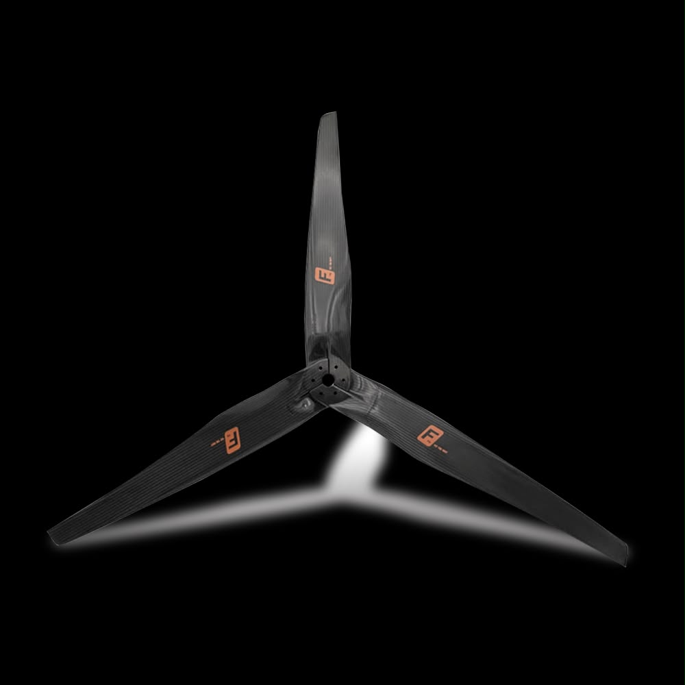 Ftb carbon fiber 3-blade paramotor propeller with orange logo on black blades